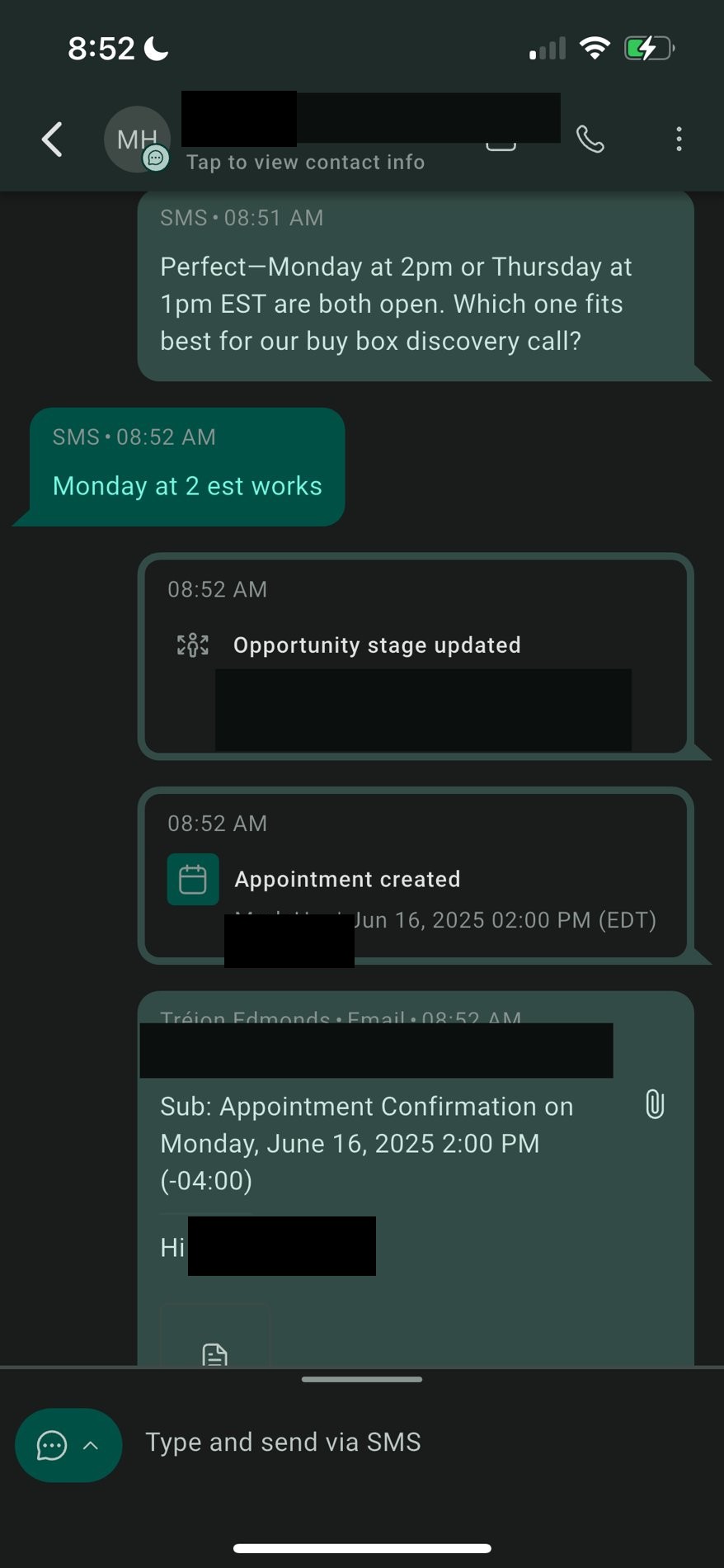 AI text thread: qualified, booked, and confirmed